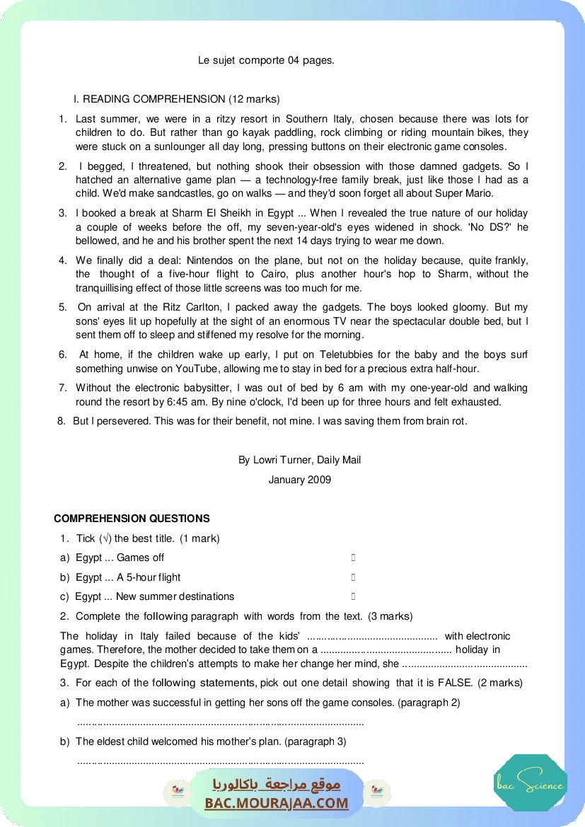 Corrigé controle anglais Bac 2014 – Section science